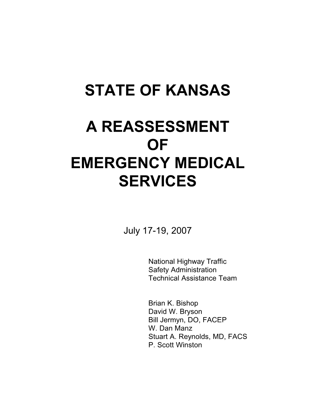 State of Kansas a Reassessment of Emergency Medical Services