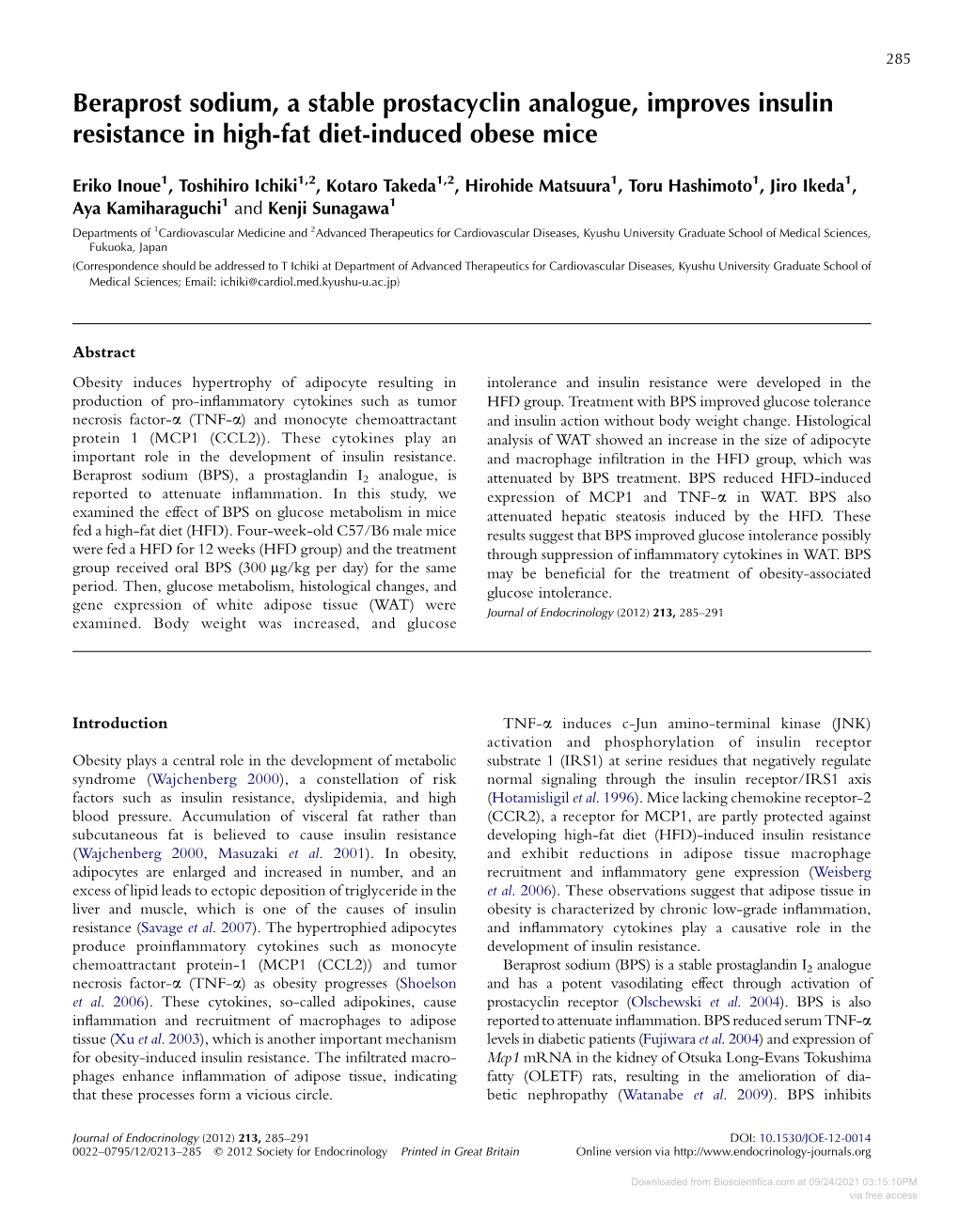 Beraprost Sodium, a Stable Prostacyclin Analogue, Improves Insulin Resistance in High-Fat Diet-Induced Obese Mice