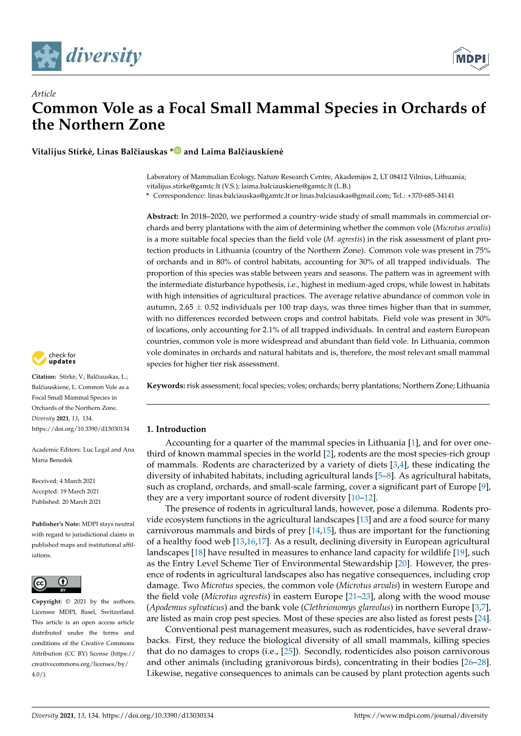 Common Vole As a Focal Small Mammal Species in Orchards of the Northern Zone