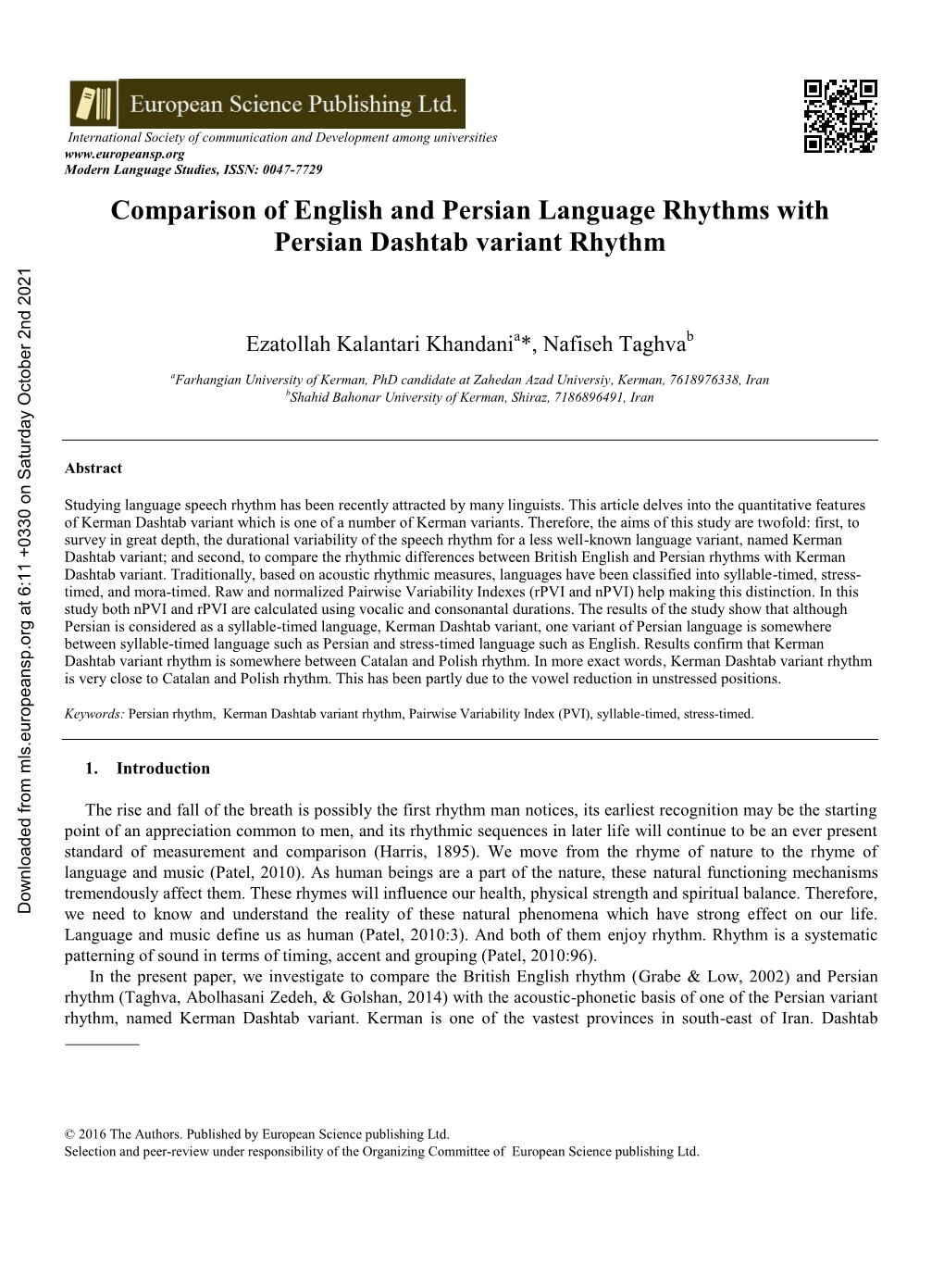 Comparison of English and Persian Language Rhythms with Persian Dashtab Variant Rhythm