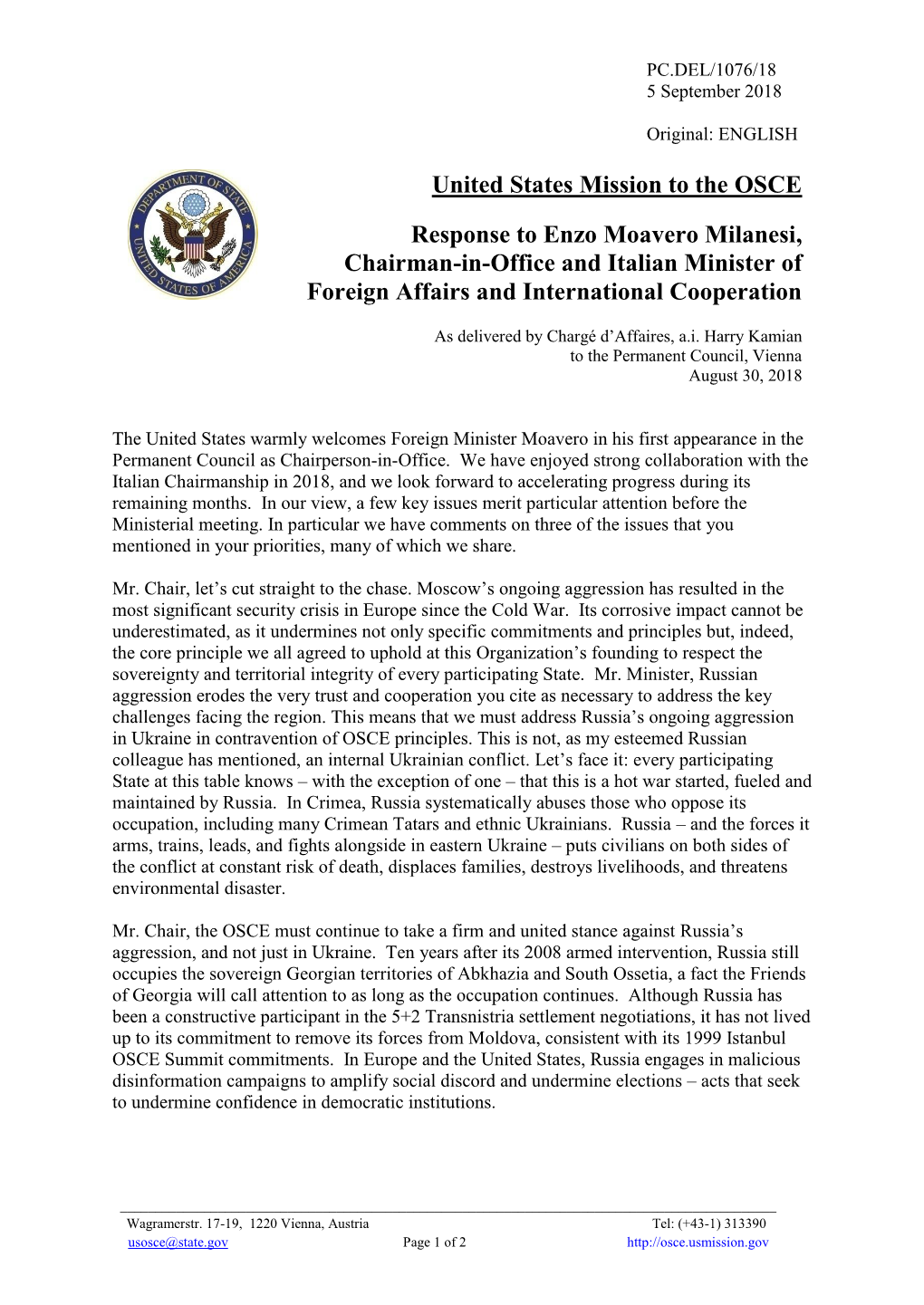 United States Mission to the OSCE Response to Enzo Moavero