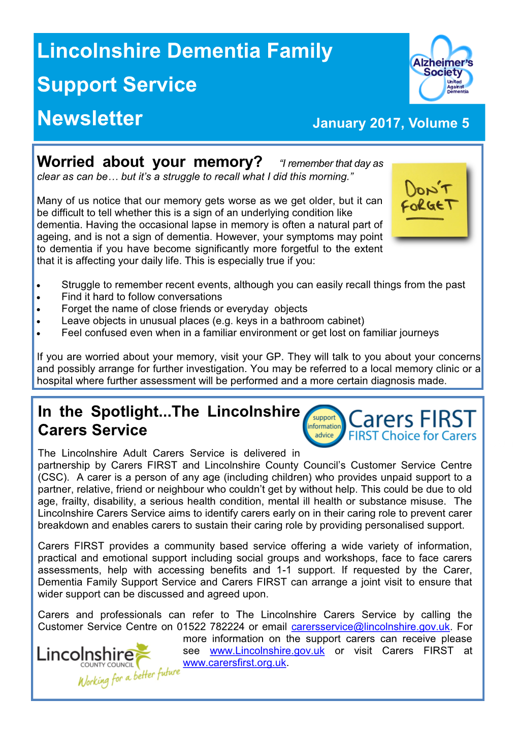 Lincolnshire Dementia Family Support Service Newsletter