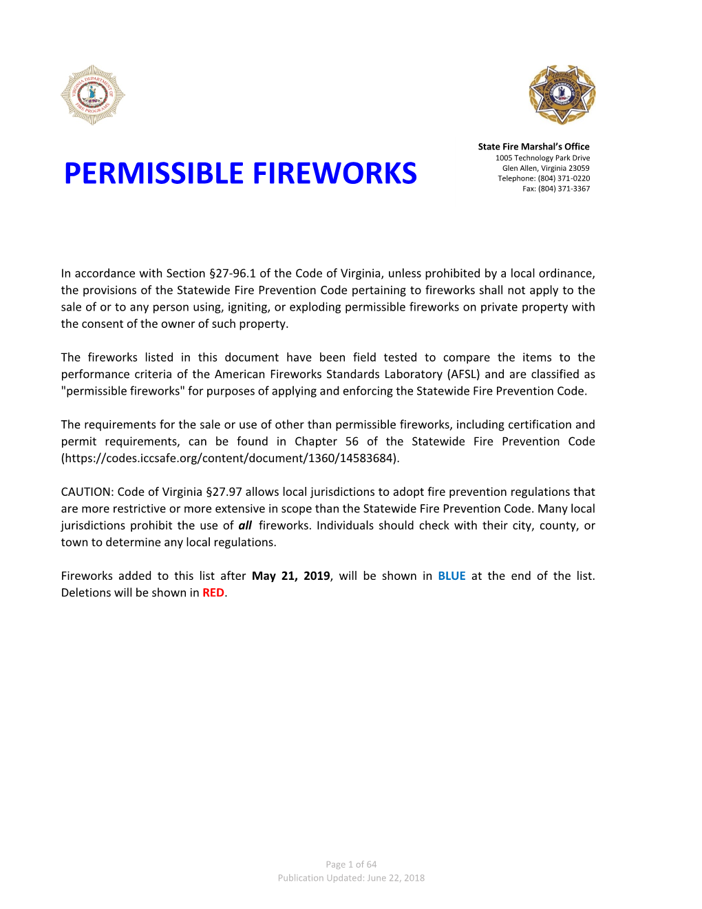 PERMISSIBLE FIREWORKS Telephone: (804) 371-0220 Fax: (804) 371-3367