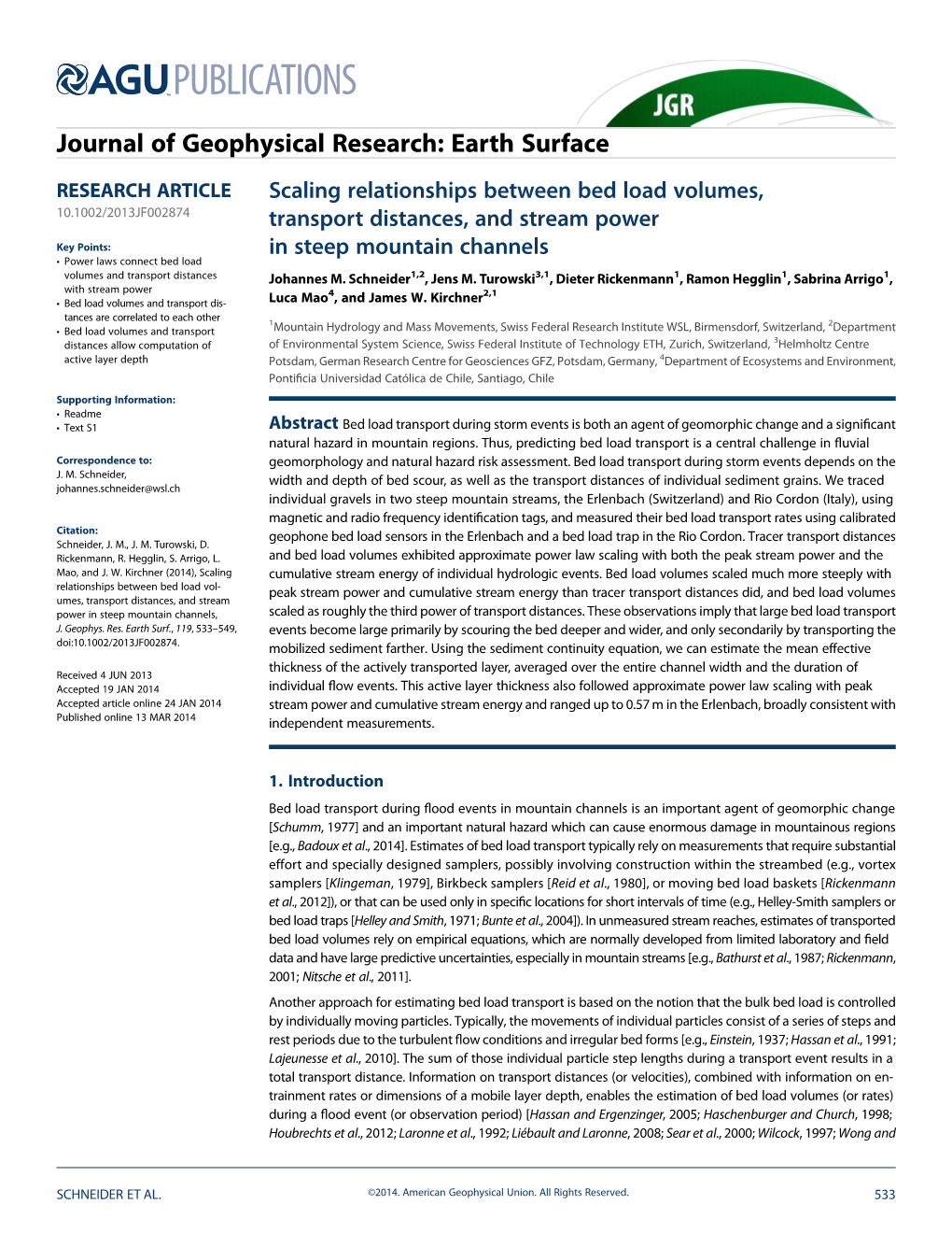 Scaling Relationships Between Bed Load Volumes, Transport Distances