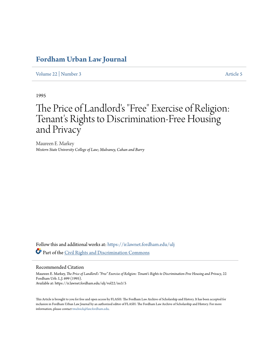 Exercise of Religion: Tenant's Rights to Discrimination-Free Housing and Privacy Maureen E