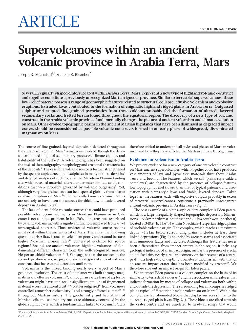 Supervolcanoes Within an Ancient Volcanic Province in Arabia Terra, Mars