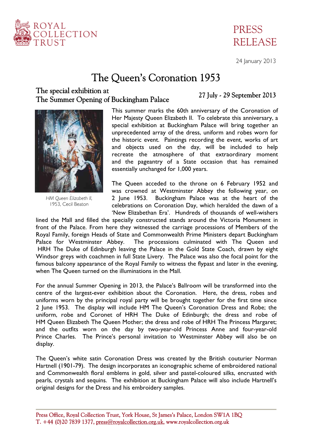 Press Release the Queen's Coronation 1953