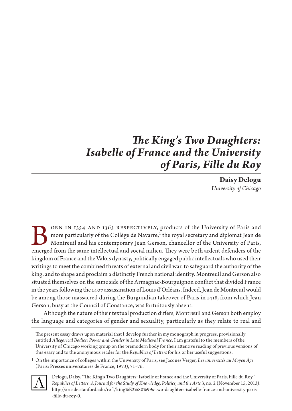 Isabelle of France and the University of Paris, Fille Du Roy Daisy Delogu University of Chicago