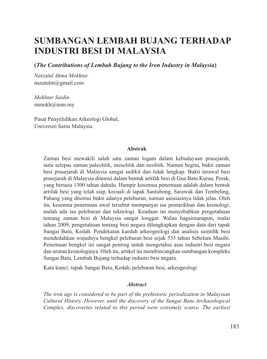 Sumbangan Lembah Bujang Terhadap Industri Besi Di Malaysia