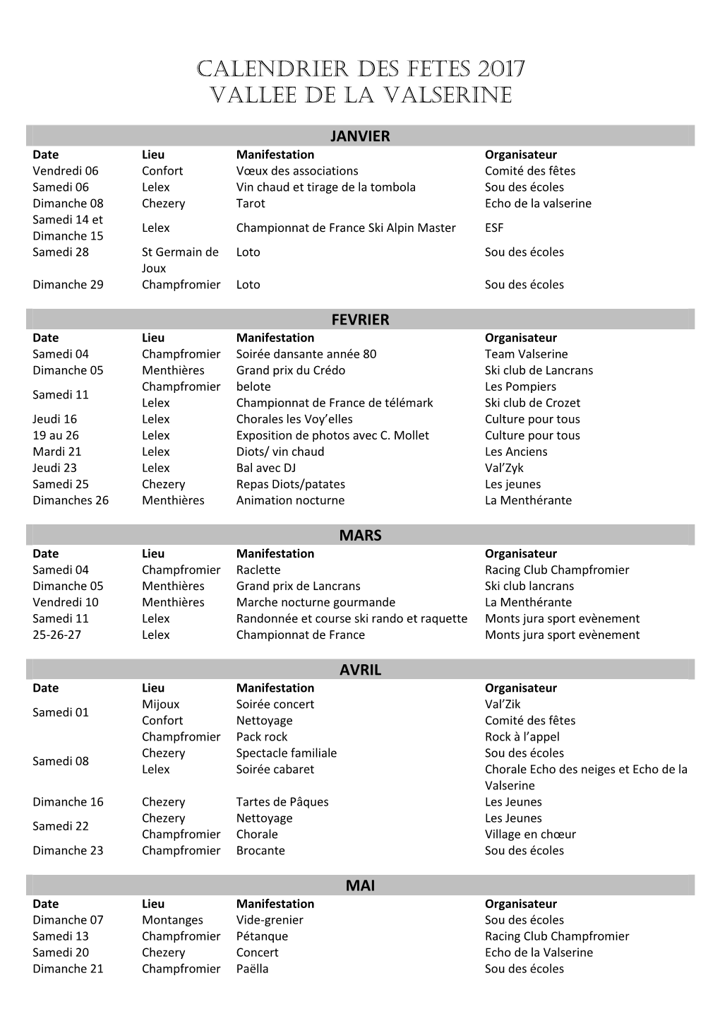 Calendrier Des Fetes 2017 Vallee De La Valserine