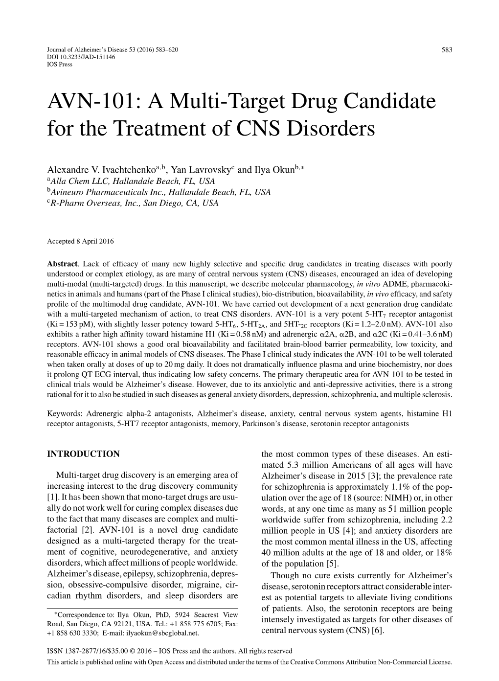 AVN-101: a Multi-Target Drug Candidate for the Treatment of CNS Disorders