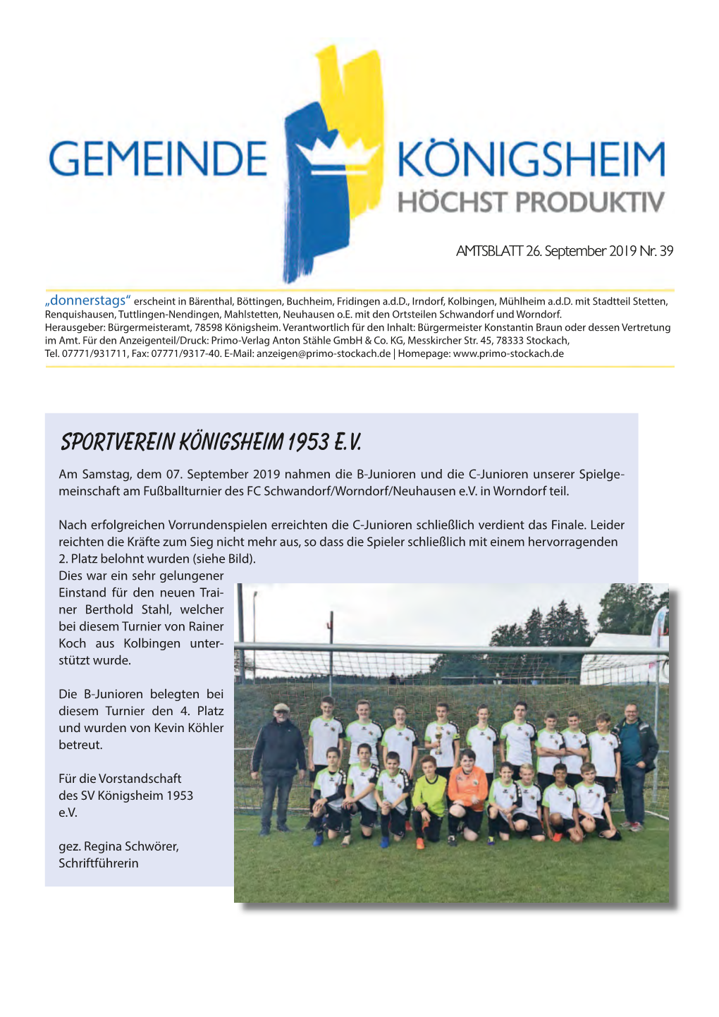 Sportverein Königsheim 1953 E.V. Am Samstag, Dem 07