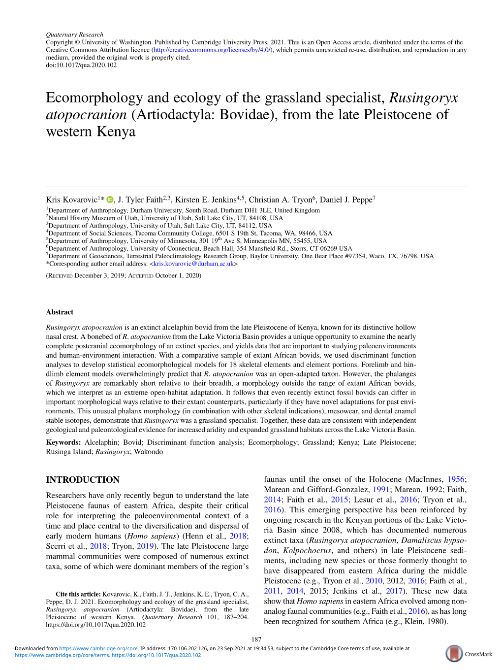 Ecomorphology and Ecology of the Grassland Specialist, Rusingoryx Atopocranion (Artiodactyla: Bovidae), from the Late Pleistocene of Western Kenya