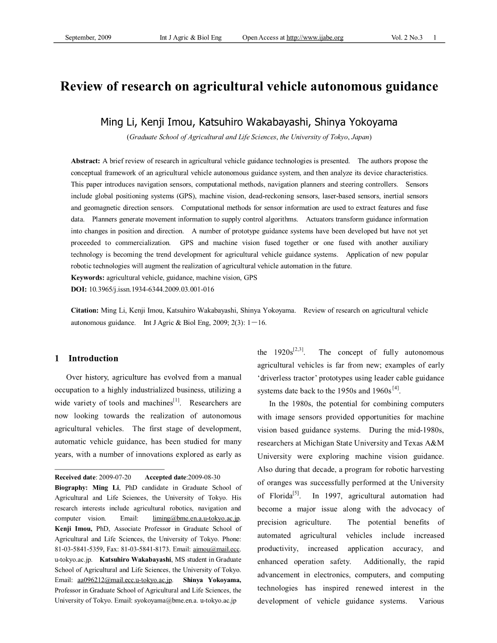 Review of Research on Agricultural Vehicle Autonomous Guidance
