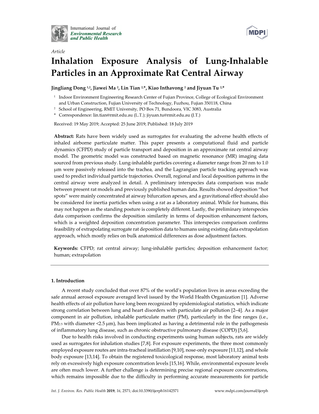 Inhalation Exposure Analysis of Lung-Inhalable Particles in an Approximate Rat Central Airway