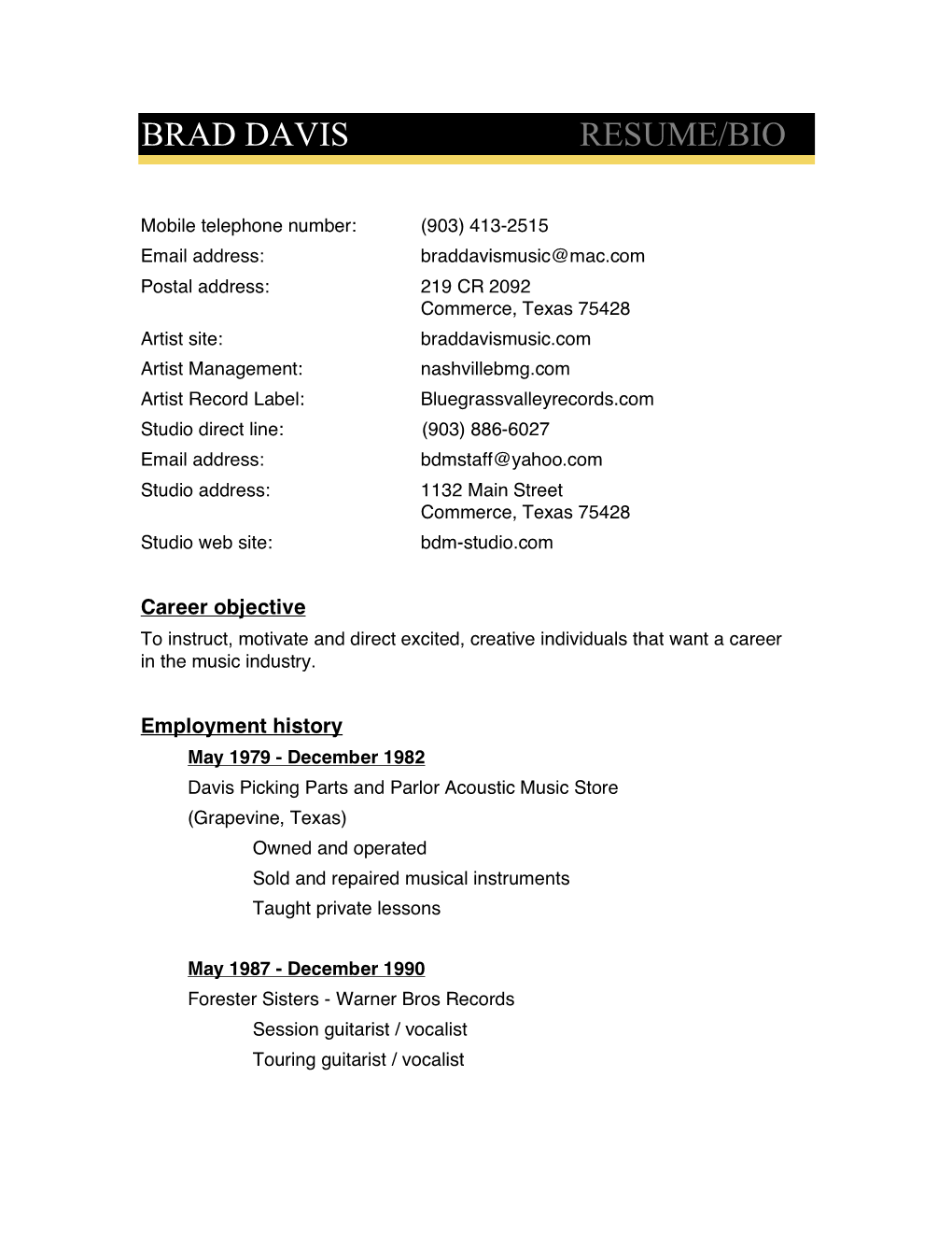 Brad Davis Resume-Bio 11-22-13