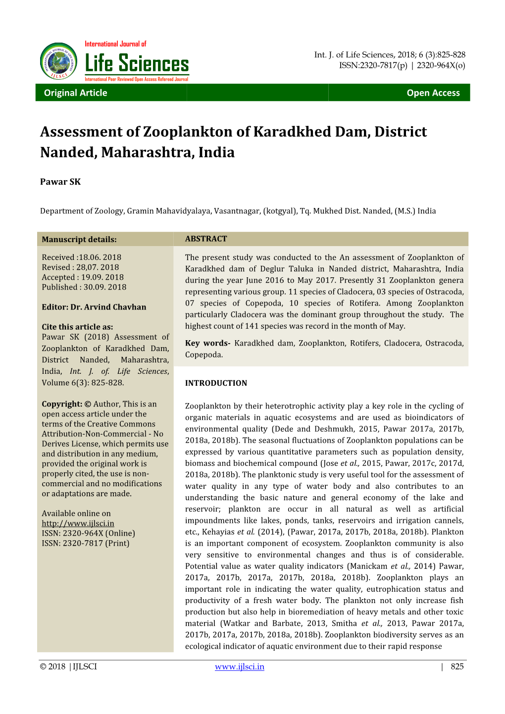 Assessment of Zooplankton of Karadkhed Dam, District Nanded, Maharashtra, India