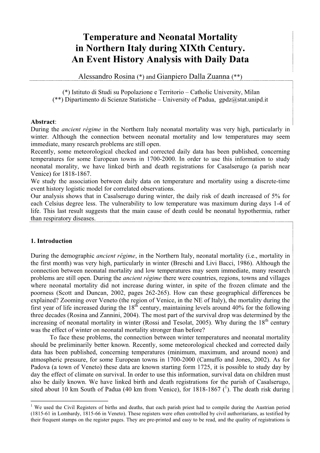 Temperature and Neonatal Mortality in Northern Italy During Xixth Century. an Event History Analysis with Daily Data