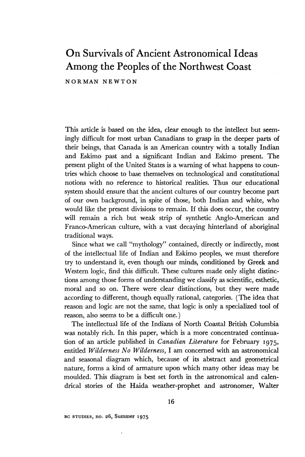 On Survivals of Ancient Astronomical Ideas Among the Peoples of the Northwest Coast NORMAN NEWTON