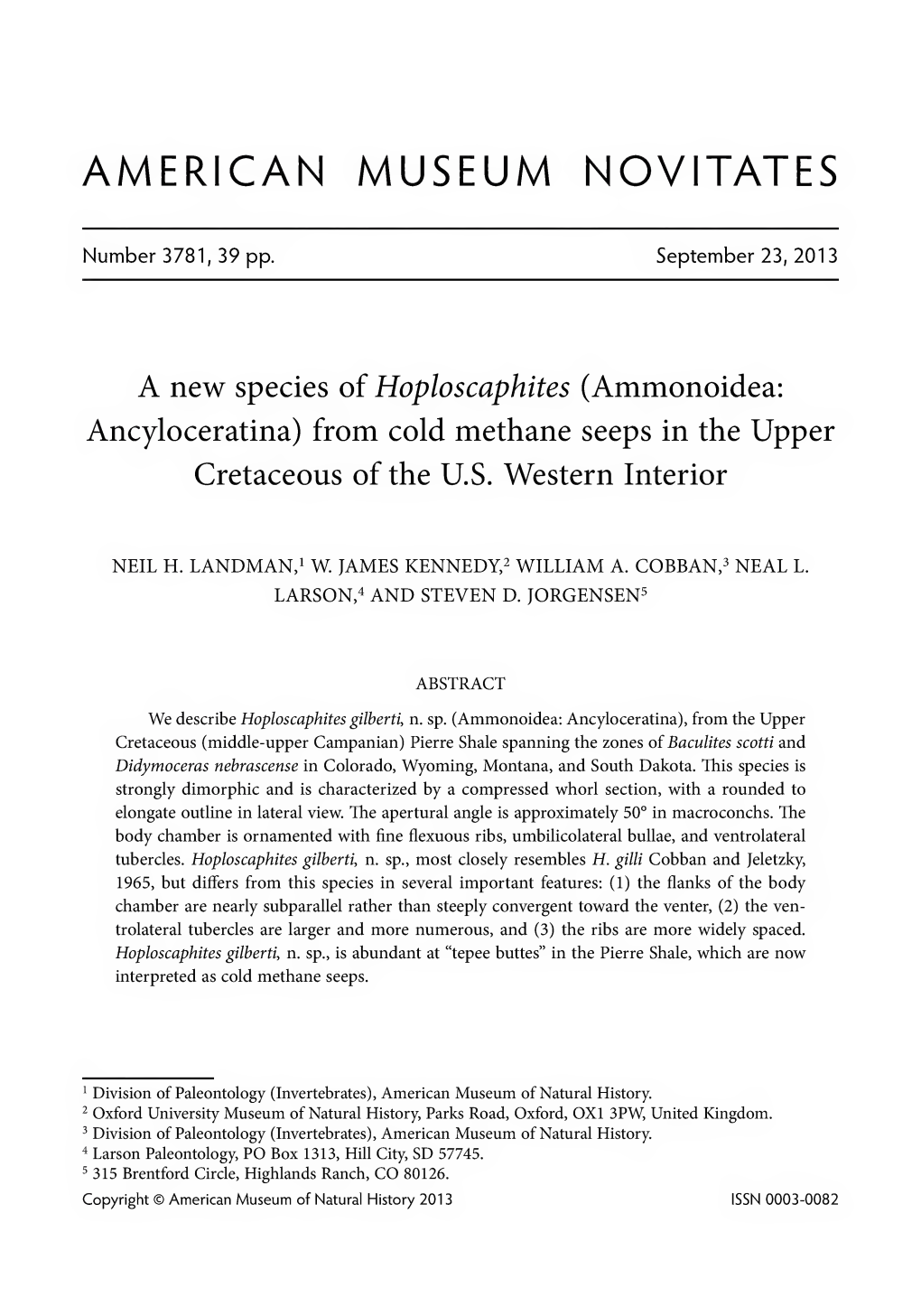 A New Species of Hoploscaphites (Ammonoidea, Ancyloceratina) from Cold Methane Seeps in the Upper Cretaceous of the U.S. Western