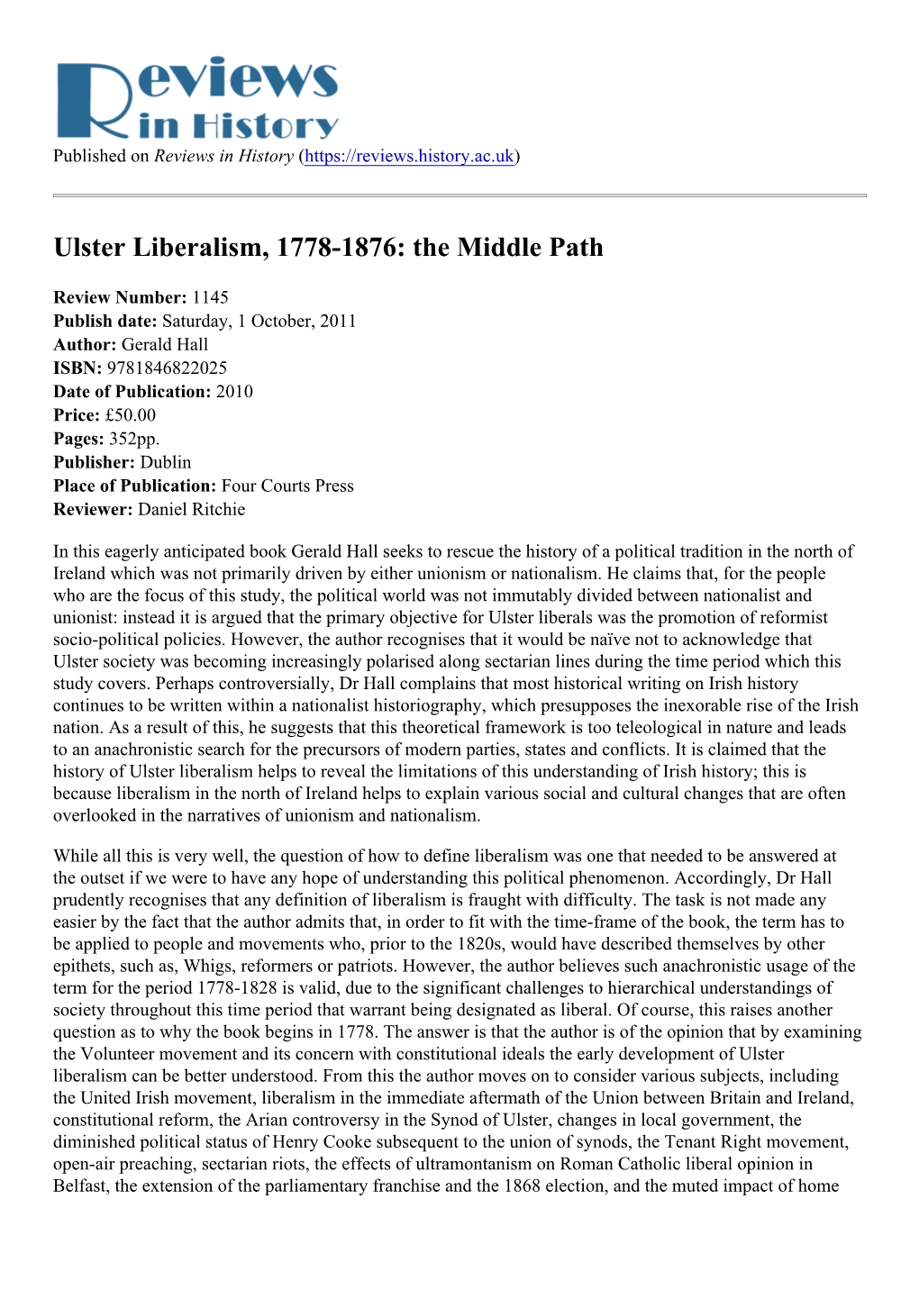 Ulster Liberalism, 1778-1876: the Middle Path