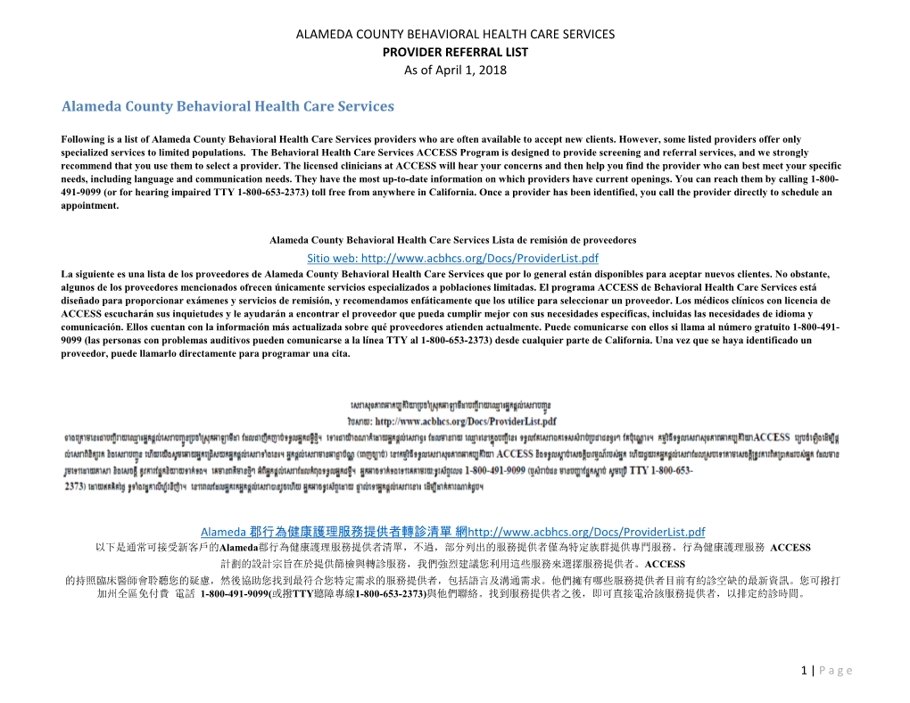 ALAMEDA COUNTY BEHAVIORAL HEALTH CARE SERVICES PROVIDER REFERRAL LIST As of April 1, 2018