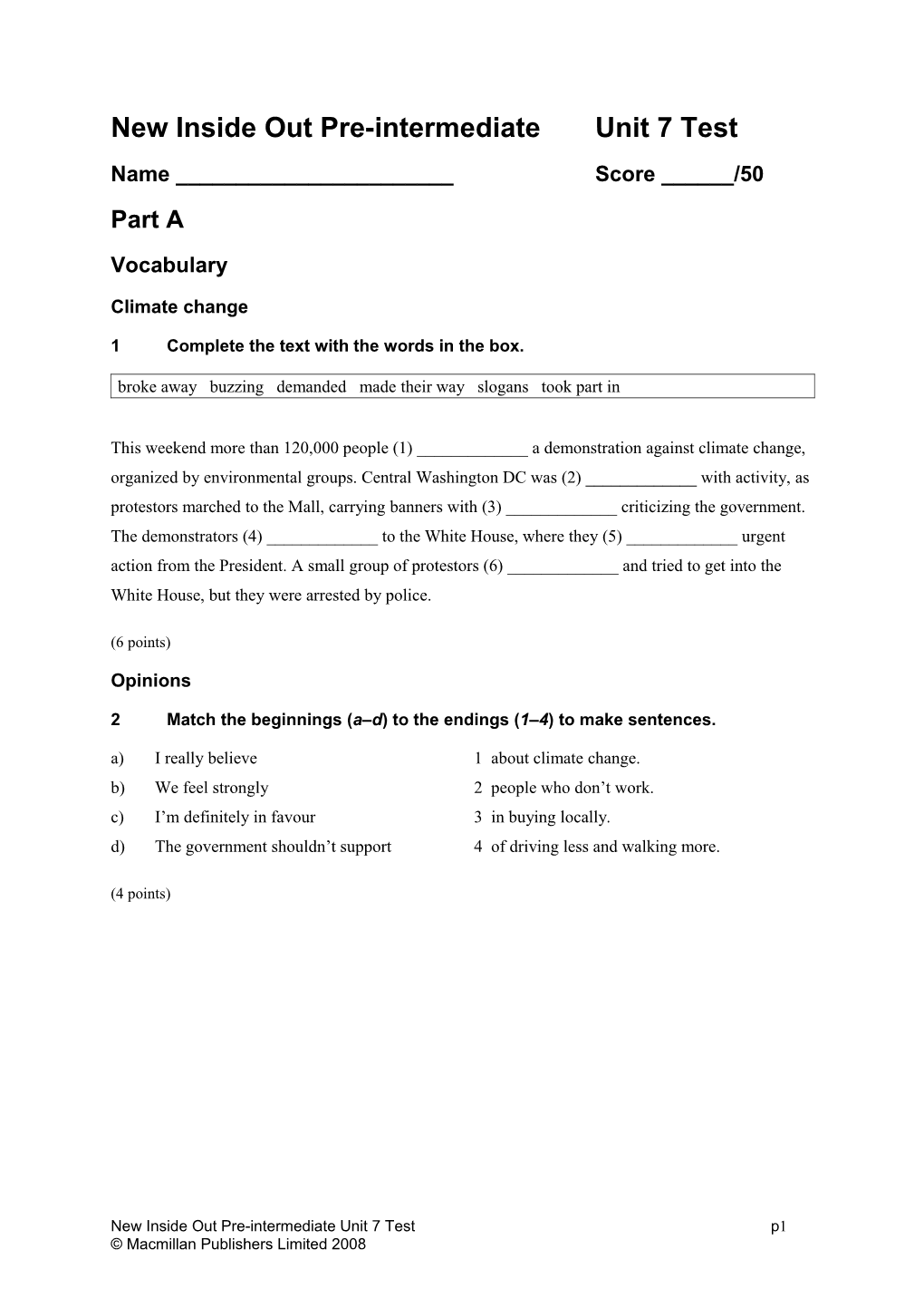 New Inside out Pre-Intermediate Unit 7 Test