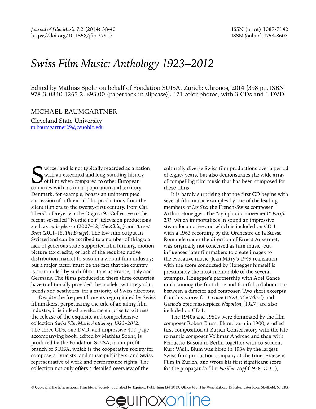 Swiss Film Music: Anthology 1923–2012