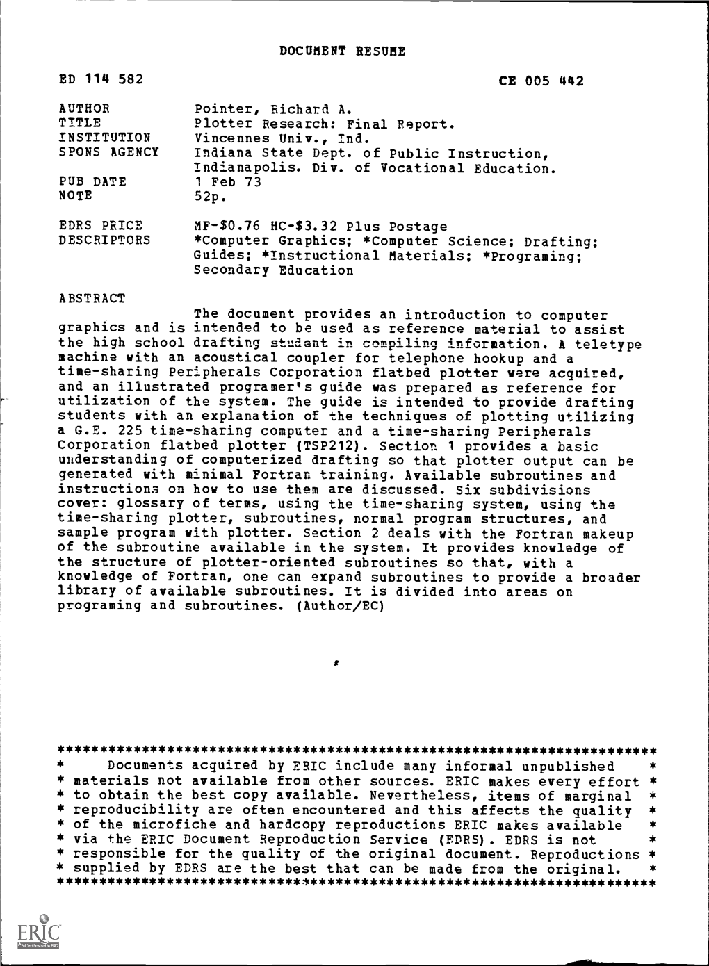 DOCUMENT RESUME CE 005 442 Plotter Research