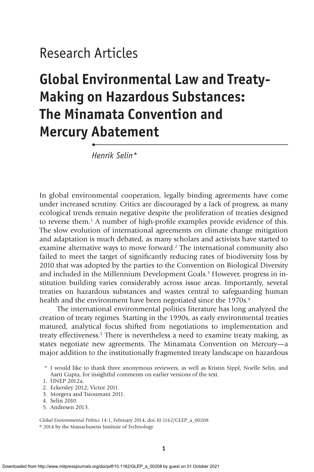 Making on Hazardous Substances: the Minamata Convention and Mercury Abatement • Henrik Selin*
