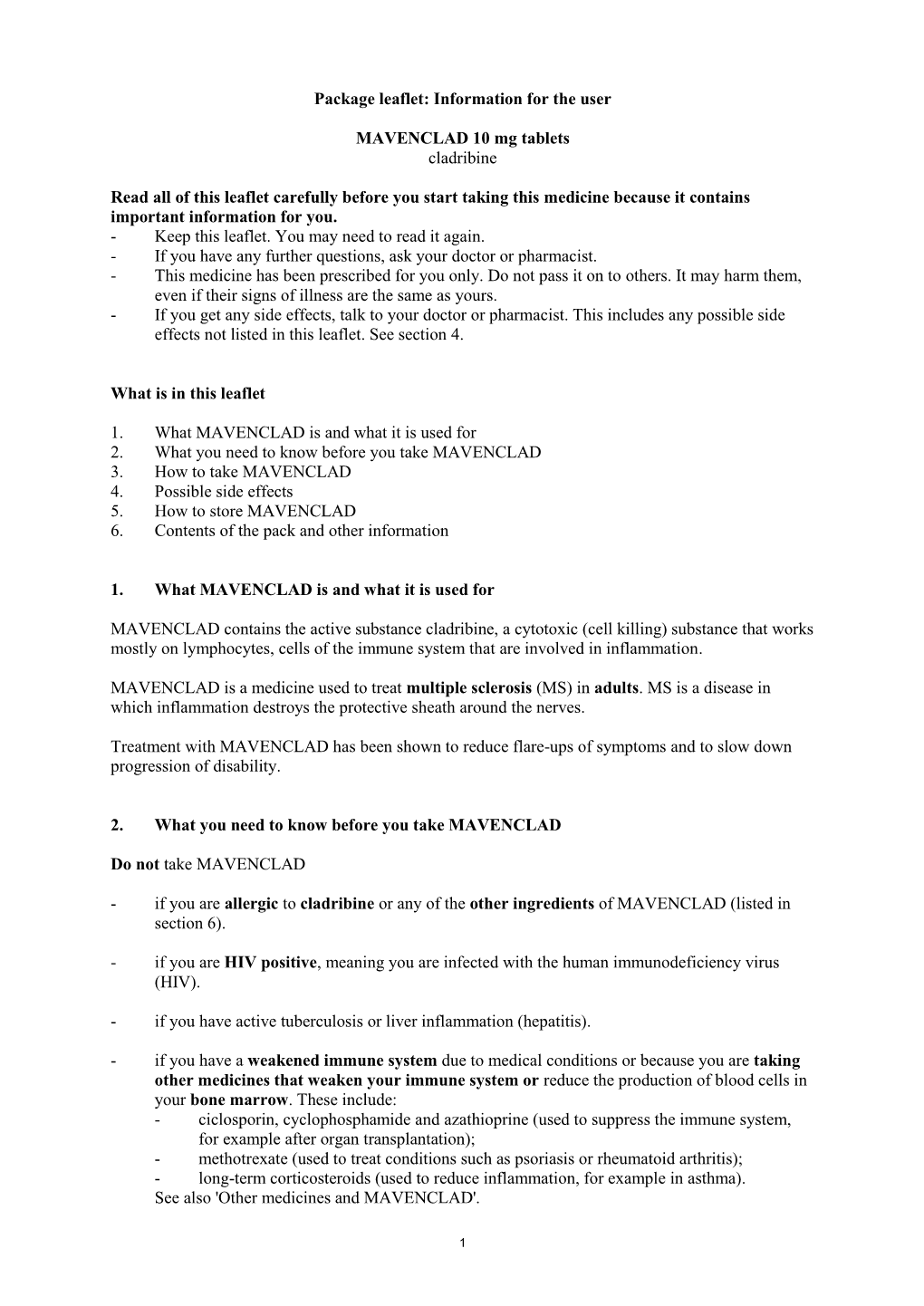 Package Leaflet: Information for the User MAVENCLAD 10 Mg Tablets