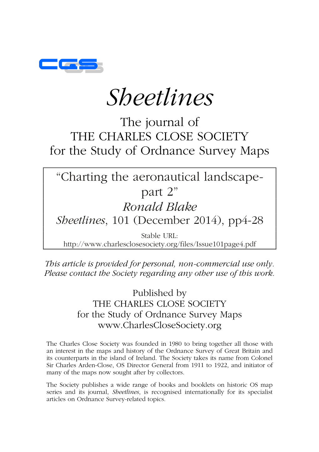 Sheetlines the Journal of the CHARLES CLOSE SOCIETY for the Study of Ordnance Survey Maps