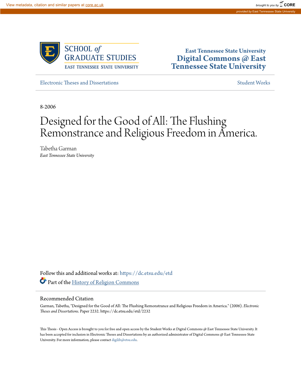 The Flushing Remonstrance and Religious Freedom in America." (2006)