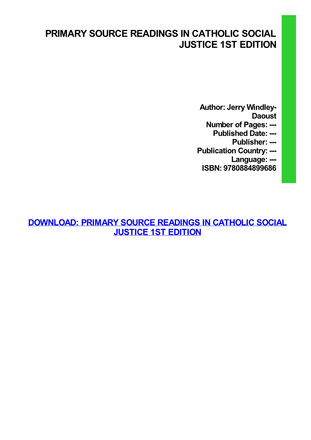 Primary Source Readings in Catholic Social Justice 1St Edition Pdf Free