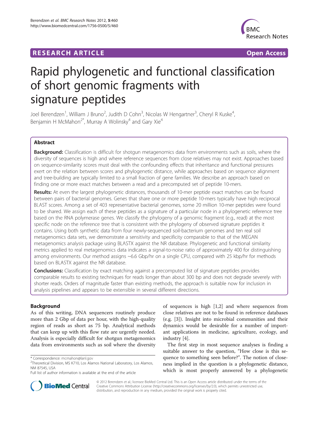 Rapid Phylogenetic and Functional Classification of Short Genomic