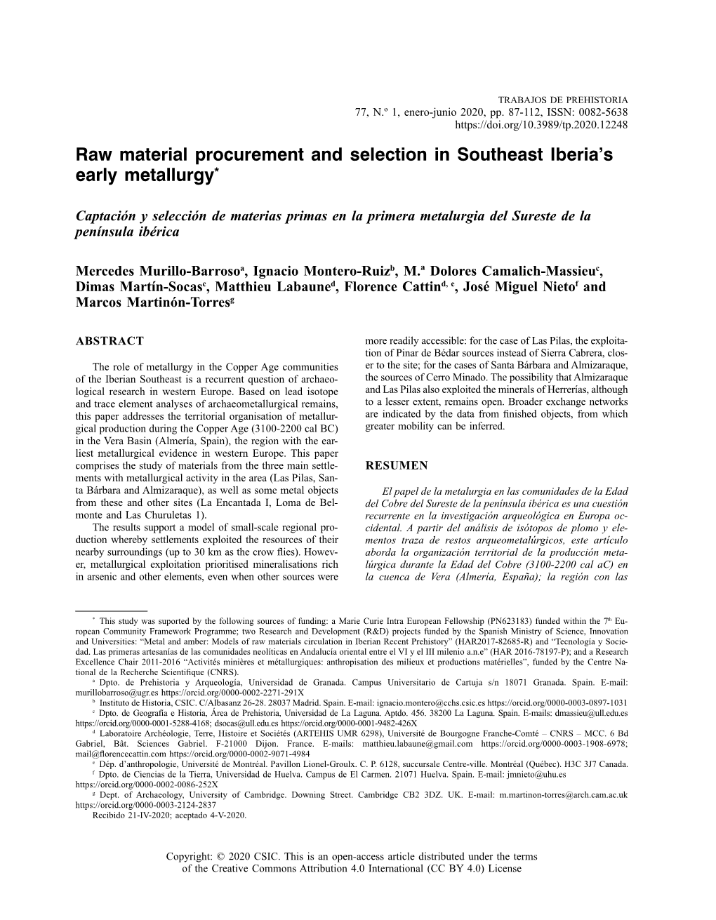 Captación Y Selección De Materias Primas En La Primera Metalurgia Del Sureste De La Península Ibérica