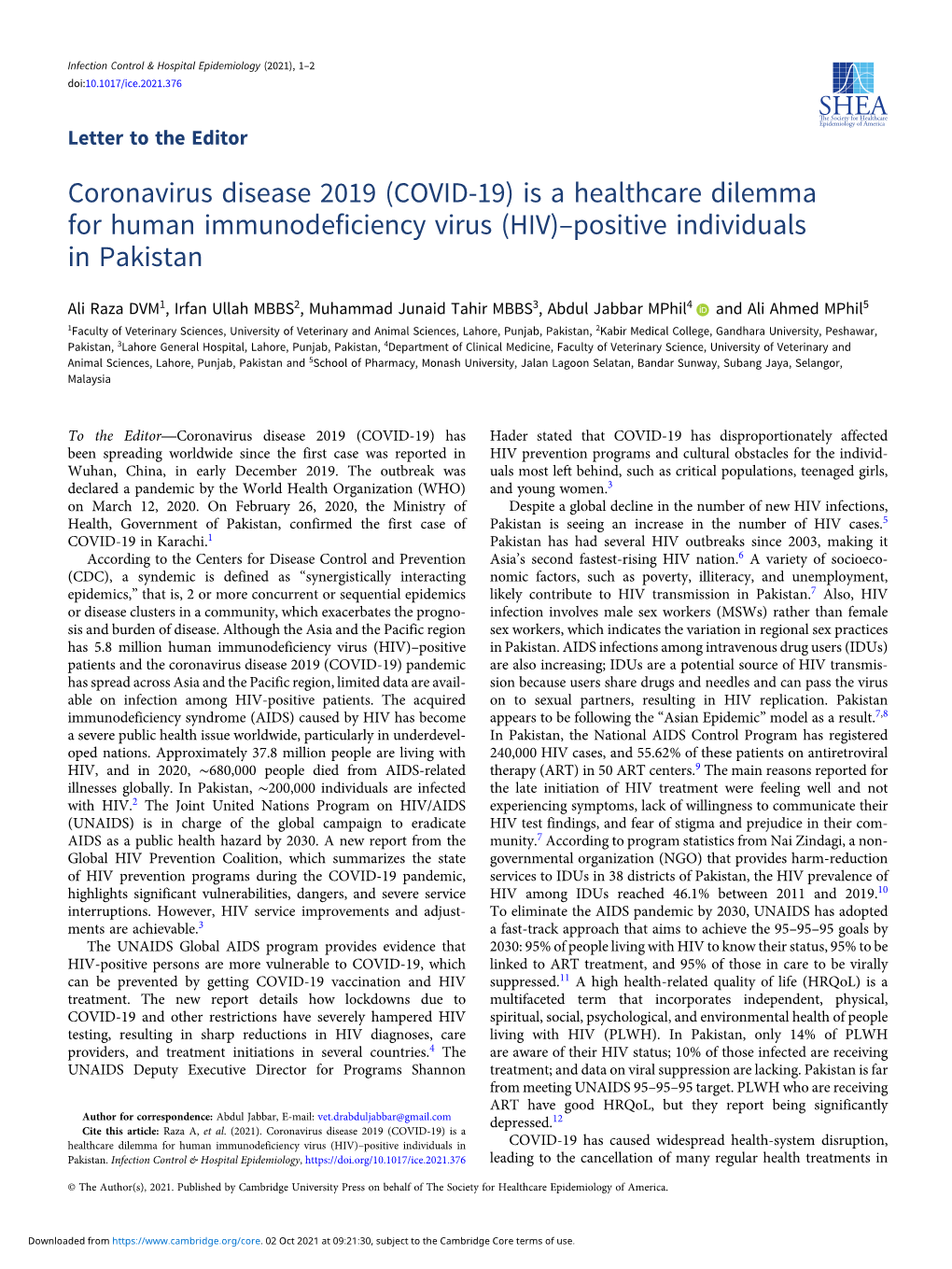 (COVID-19) Is a Healthcare Dilemma for Human Immunodeficiency Virus (HIV)–Positive Individuals in Pakistan