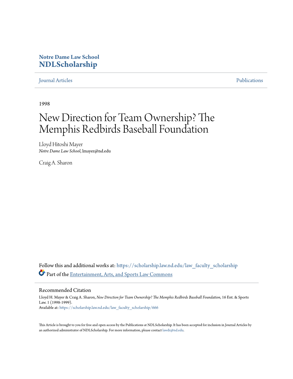 The Memphis Redbirds Baseball Foundation Lloyd Hitoshi Mayer Notre Dame Law School, Lmayer@Nd.Edu