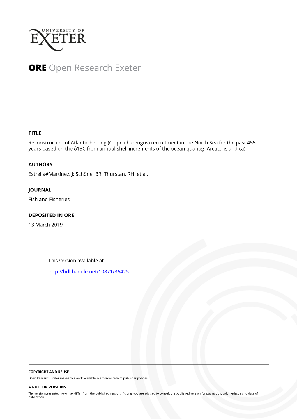 Clupea Harengus) Recruitment in the North Sea for the Past 455 Years Based on the Δ13c from Annual Shell Increments of the Ocean Quahog (Arctica Islandica