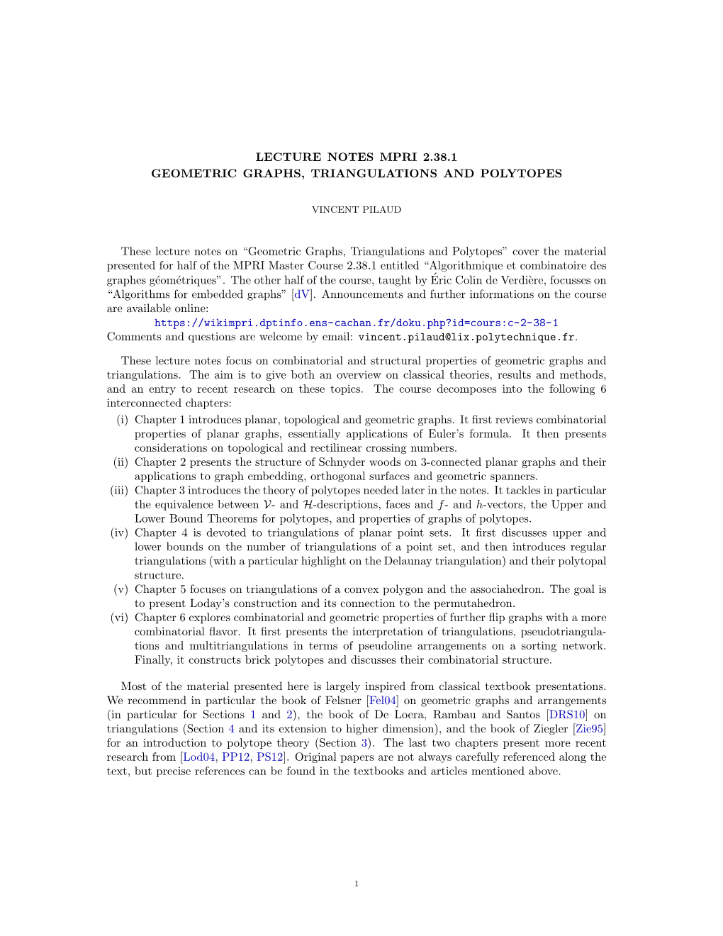 Lecture Notes Mpri 2.38.1 Geometric Graphs, Triangulations and Polytopes