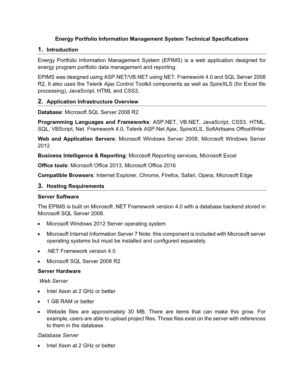 EPIMS Technical Specifications