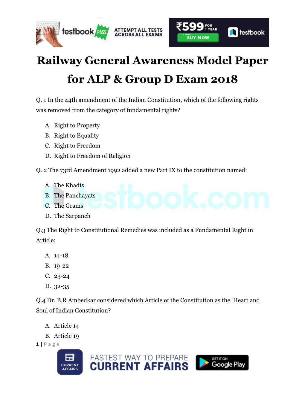 Railway General Awareness Model Paper for ALP & Group D Exam 2018