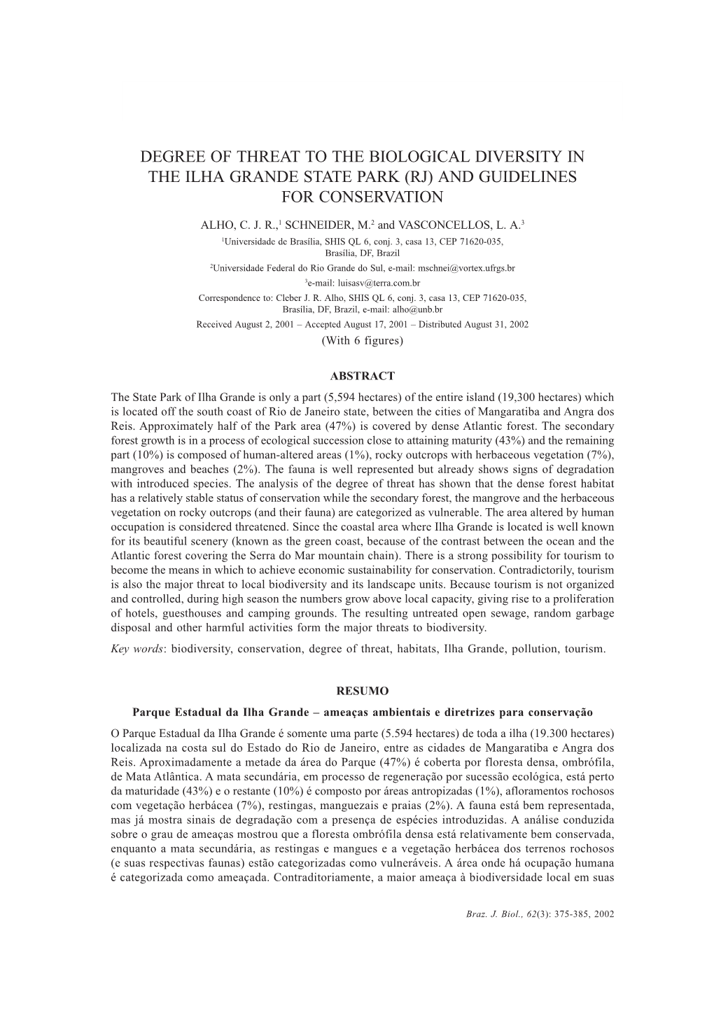 Degree of Threat to the Biological Diversity in the Ilha Grande State Park (Rj) and Guidelines for Conservation