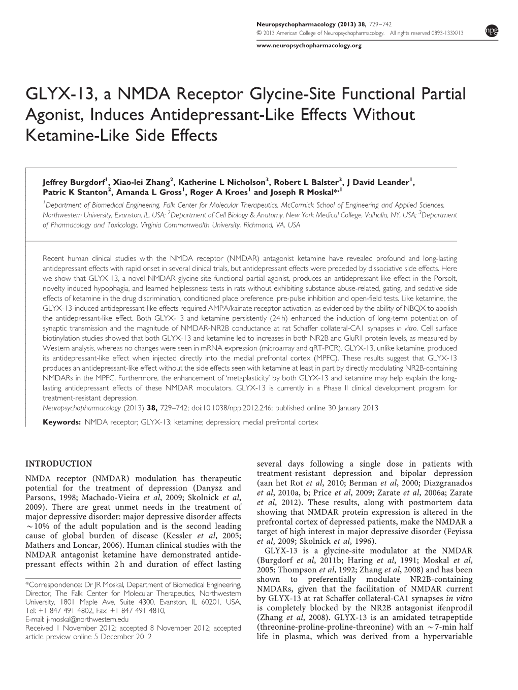 GLYX-13, a NMDA Receptor Glycine-Site Functional Partial Agonist, Induces Antidepressant-Like Effects Without Ketamine-Like Side Effects