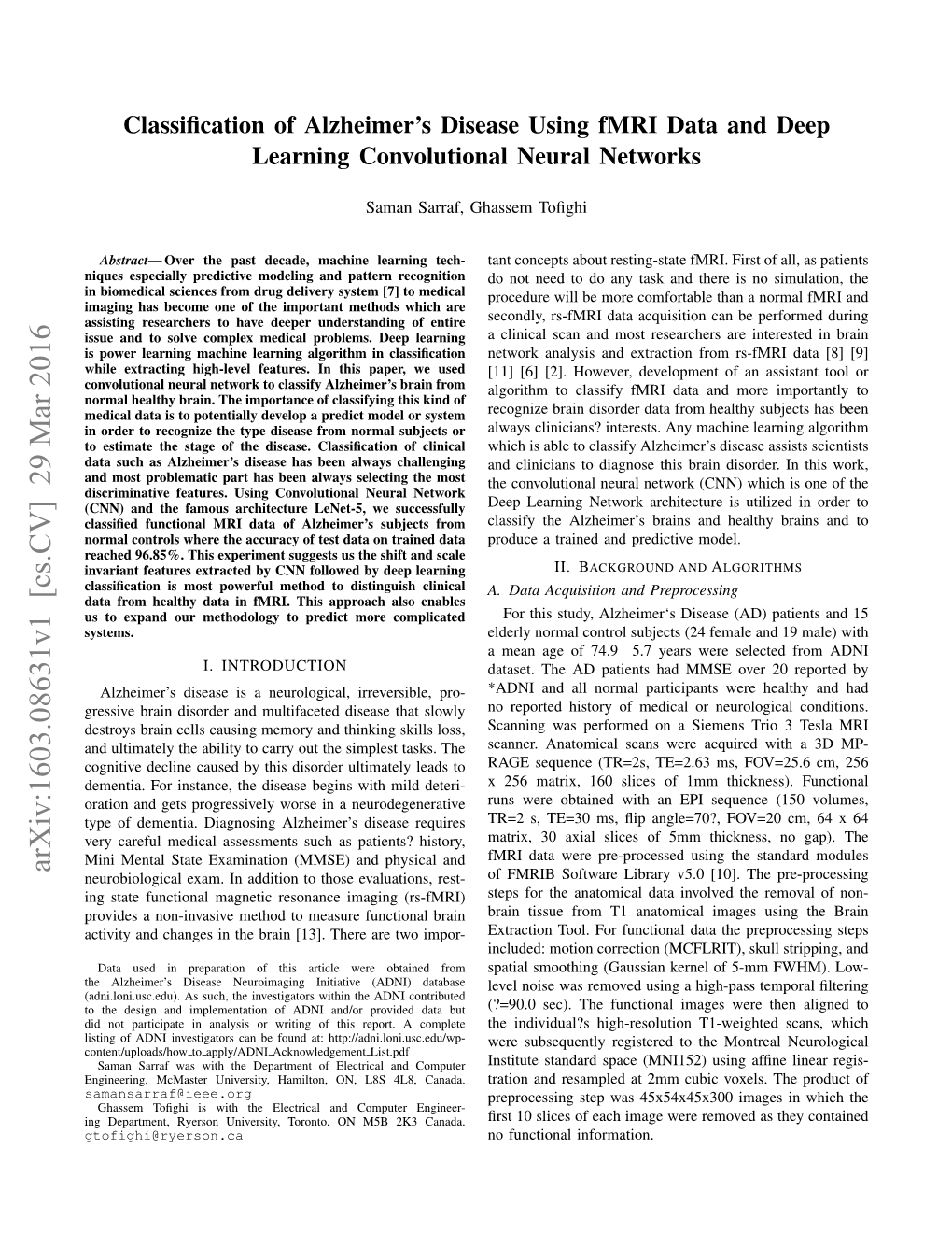 Classification of Alzheimer's Disease Using Fmri Data and Deep