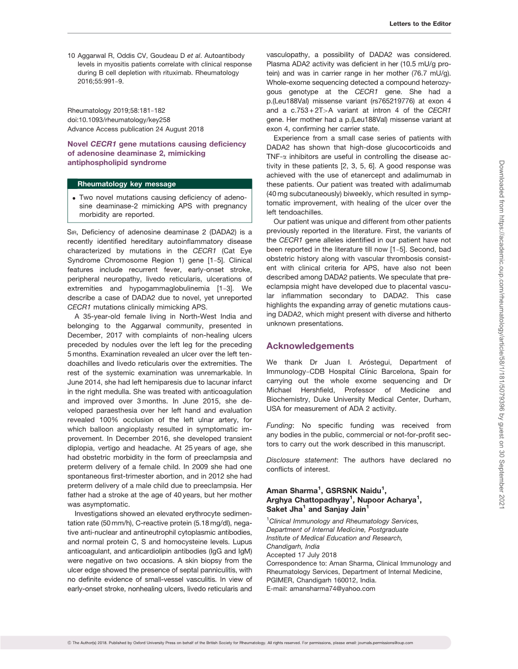 Novel CECR1 Gene Mutations Causing Deficiency of Adenosine Deaminase 2, Mimicking Antiphospholipid Syndrome