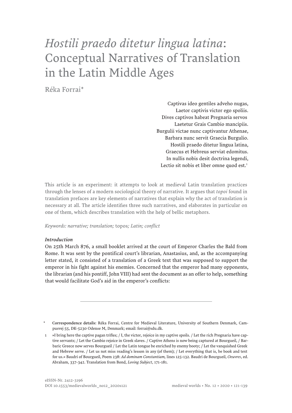 Hostili Praedo Ditetur Lingua Latina: Conceptual Narratives of Translation in the Latin Middle Ages