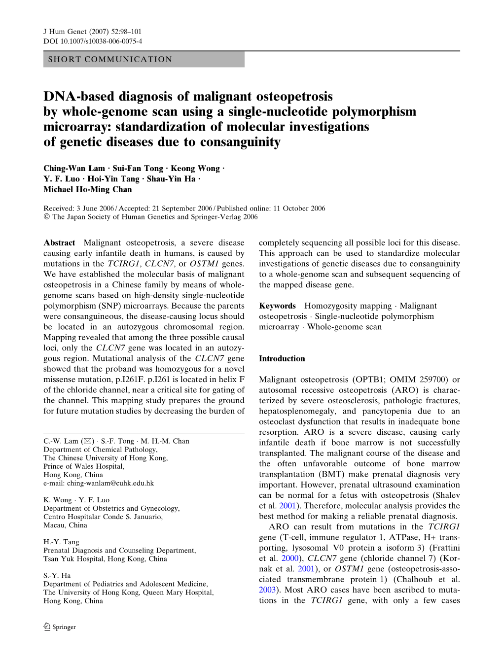 DNA-Based Diagnosis of Malignant Osteopetrosis by Whole