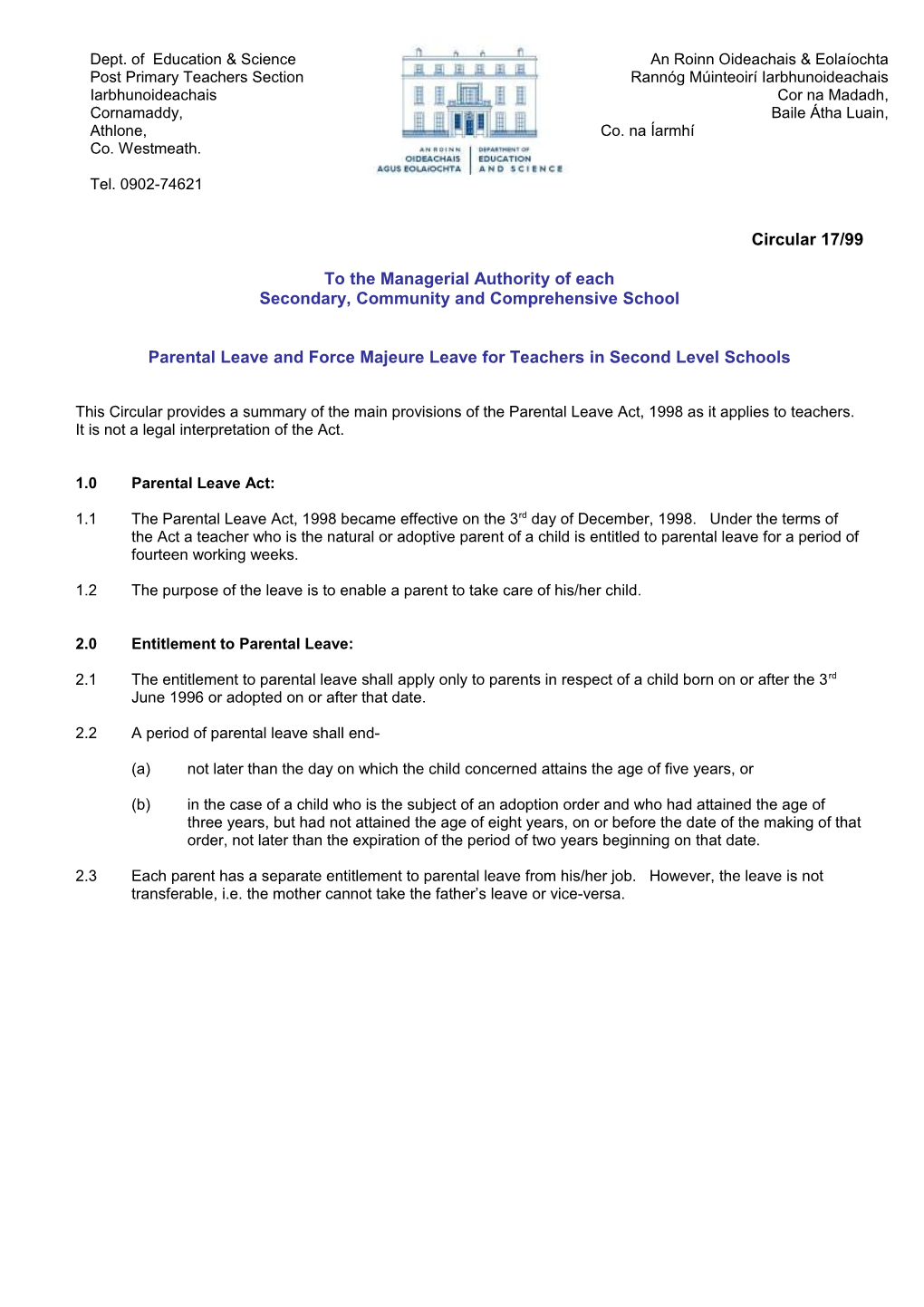 Circular 17/99 -Parental Leave and Force Majeure Leave for Teachers in Second Level Schools