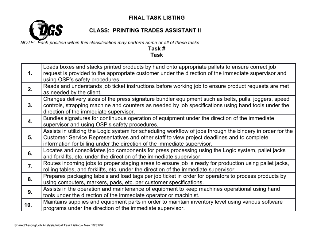 Class: Printing Trades Assistant Ii s1